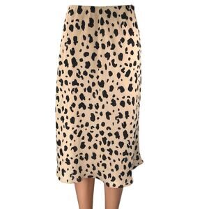Socialite Tan Black Silk Satin Leopard Animal Print Midi A-line Slip Skirt Sz S
